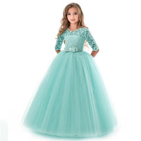 Long Style Dentelle Appliqued Flower Girl Robes Enfants O-cou Demi Manches Robes De Soirée Pour La Danse D'anniversaire De Mariage