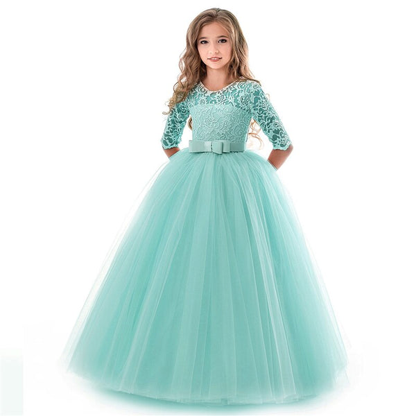 Long Style Dentelle Appliqued Flower Girl Robes Enfants O-cou Demi Manches Robes De Soirée Pour La Danse D'anniversaire De Mariage