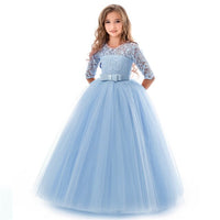 Long Style Lace Appliqued Flower Girl Dresses Children O-neck Half Sleeve Wedding Party Dresses