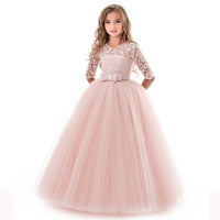 Long Style Dentelle Appliqued Flower Girl Robes Enfants O-cou Demi Manches Robes De Soirée Pour La Danse D'anniversaire De Mariage