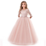 Long Style Lace Appliqued Flower Girl Dresses Children O-neck Half Sleeve Wedding Party Dresses