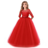 Long Style Lace Appliqued Flower Girl Dresses Children O-neck Half Sleeve Wedding Party Dresses