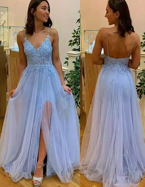 Vestido de fiesta de tul con abertura Rebordear Correa de espagueti Una línea Vestido de fiesta formal con apliques de encaje sin espalda