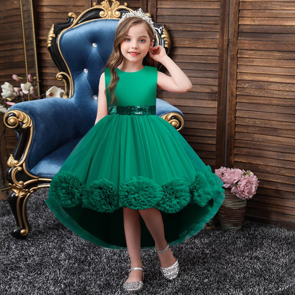 Kids 3D Flower Wedding Party Dress Sleeveless Short Front Long Back Ball Gown Flower Girl Dress