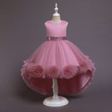 Kids 3D Flower Wedding Party Dress Sleeveless Short Front Long Back Ball Gown Flower Girl Dress