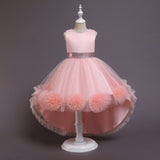 Kids 3D Flower Wedding Party Dress Sleeveless Short Front Long Back Ball Gown Flower Girl Dress