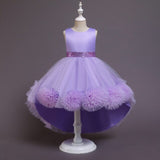 Kids 3D Flower Wedding Party Dress Sleeveless Short Front Long Back Ball Gown Flower Girl Dress