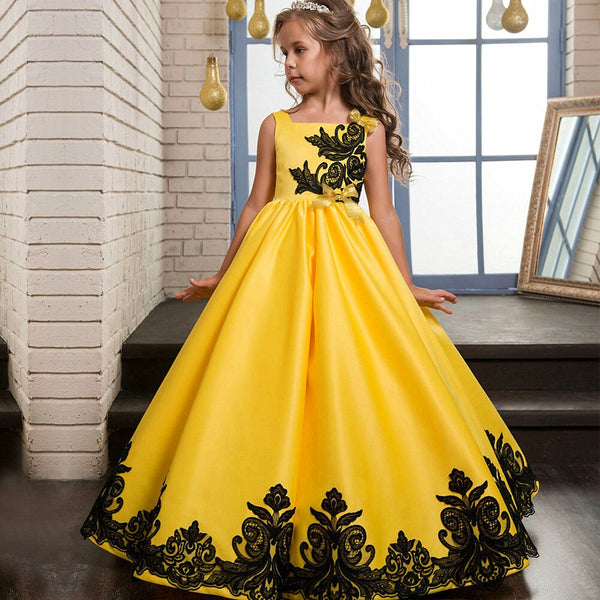 Fashion Sleeveless Satin Ball Gown Flower Girl Dresses Kids Appliqued Wedding Party Dresses