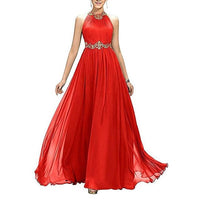 Beading Pleated Chiffon Prom Dress A Line Floor Length Halter Neckline Dinner Party Gown