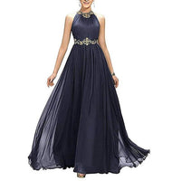 Beading Pleated Chiffon Prom Dress A Line Floor Length Halter Neckline Dinner Party Gown