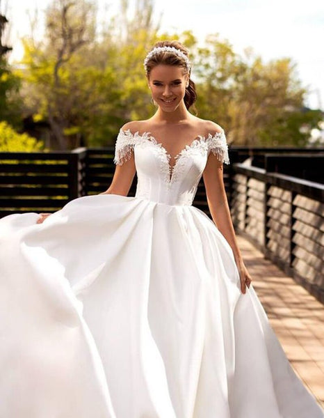 VLLUSISA Une ligne robe de mariée col en V Espagne cristal hors épaule robe de mariée en satin