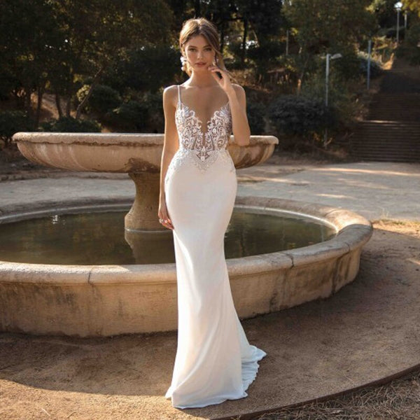 VLLUSISA Sexy Spaghetti Strap Backless Wedding Dresses Sheath Lace Satin Wedding Gowns