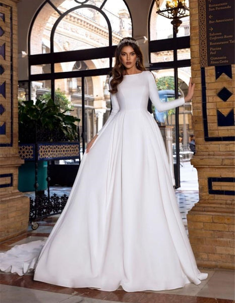 Robe de mariée en satin marocain de haute qualité Une ligne à manches longues Robe de mariée en Arabie saoudite