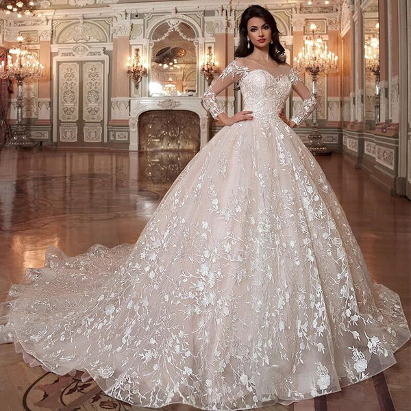 VLLUSISA cuello redondo manga larga vestido de novia hecho a medida encaje princesa vestido de novia