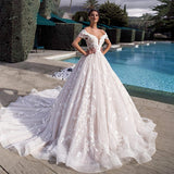 VLLUSISA Boat Neck Off Shoulder Ball Gown Wedding Dresses Beading Lace Bridal Gowns