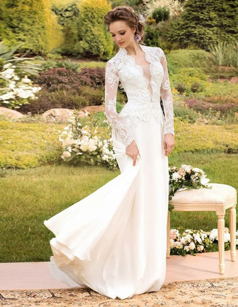 Vestido de novia de manga larga de ilusión Vestido de novia de satén de encaje blanco elegante para mujer