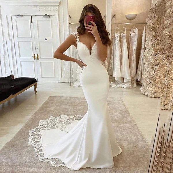 Charming Deep V-neck Backless Wedding Dresses Simple Mermaid Satin Wed VLLUSISA Charming Deep V-neck Backless Wedding Dresses Simple Mermaid Satin Wed VLLUSISA