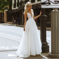 VLLUSISA A Line V-neck Sleeveless Wedding Dresses Beading Lace Appliqued Bridal Gowns