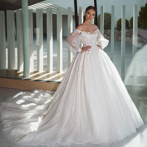 2022 precioso vestido de baile de encaje vestido de novia sin espalda manga farol princesa vestido de novia