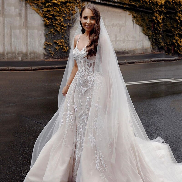 Fancy Beading Mermaid Wedding Gown Backless French Lace Wedding Dress With Detachable Train