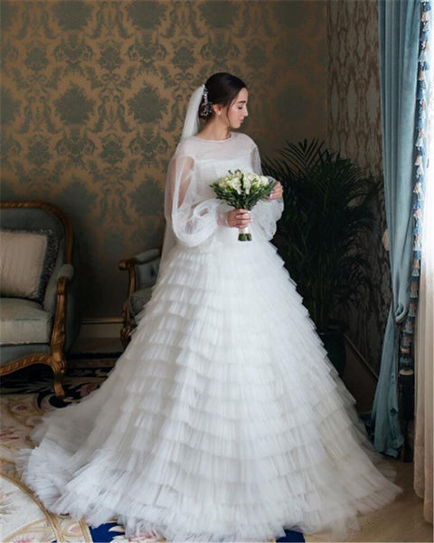 Fashion Puff Long Sleeve Princess Wedding Dresses Ball Gown Tiered Tulle Bridal Gowns