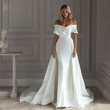 VLLUSISA Boat Neck Off Shoulder Wedding Dress Sheath Satin Wedding Gown With Detachable Train