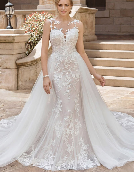 Sexy Backless Lace Appliqued Wedding Dresses Sheath Champagne Bridal G – VLLUSISA