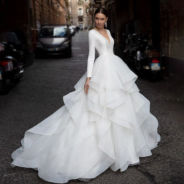 VLLUSISA Vestido de novia de tul con volantes Vestido de novia con cuello en V Manga larga Satén Princesa Vestido de novia