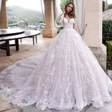 Illusion Scoop Neck Long Sleeve Wedding Gown Cathedral Train Ball Gown Lace Wedding Dress