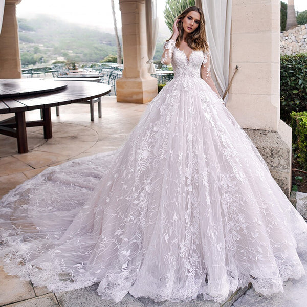 Illusion Scoop Neck Long Sleeve Wedding Gown Cathedral Train Ball Gown VLLUSISA Illusion Scoop Neck Long Sleeve Wedding Gown Cathedral Train Ball Gown VLLUSISA