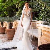 VLLUSISA Sexy Off Shoulder Lace Satin Wedding Gowns Illusion Mermaid Wedding Dresses