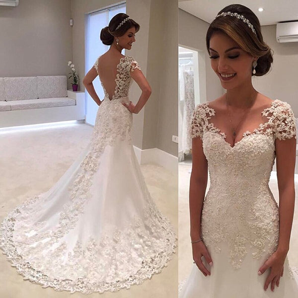 Illusion Cap Sleeve V-Neck Backless Lace Beaded Wedding Dresses Women Sheath Bridal Gowns