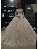 Fashion Scalloped Neck Off Shoulder Long Sleeve Wedding Gowns Ball Gown Princess Wedding Dresses