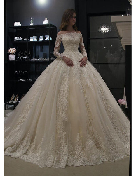 Fashion Scalloped Neck Off Shoulder Long Sleeve Wedding Gowns Ball Gown Princess Wedding Dresses