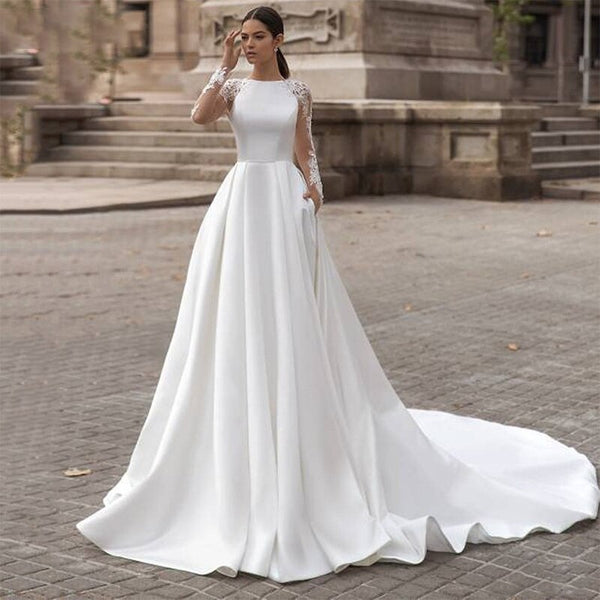 Illusion High Neck Long Sleeve Arabic Wedding Dress Chapel Train Dubai Satin Bridal Gown