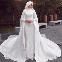 Vestido de novia musulmán de manga larga con cuello alto, hiyab de encaje, vestido de novia con tren desmontable