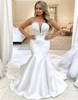 Exquisite Strapless Lace Satin Wedding Dresses Sheath Bridal Gowns With Chapel Train