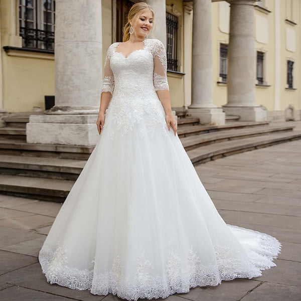 Fashion A-Line Sweetheart Half Sleeve Wedding Dresses Plus Size Lace Bridal Gowns