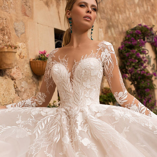 Illusion A-ligne O-cou Robe de mariée à manches longues Robe de mariée en dentelle champagne sur mesure