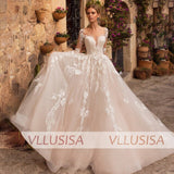 Illusion A-line O-neck Long Sleeve Wedding Gown Custom Made Champagne Lace Appliqued Wedding Dress