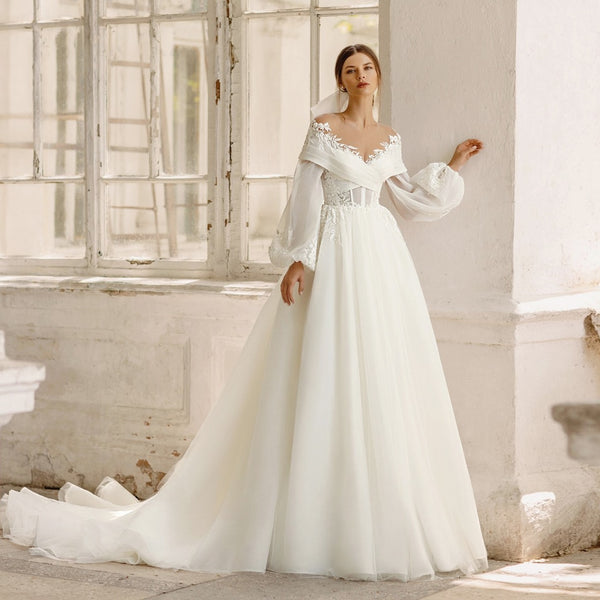 VLLUSISA Fashion A Line Wedding Dresses Puff Sleeve Detachable Princess Bridal Gowns