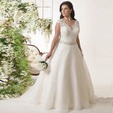 Beading Plus Size Lace Bridal Gown A-Line Cap Sleeve Cut-out Back Chapel Train Wedding Dress