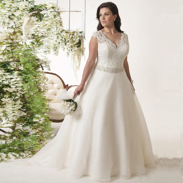 plus size lace wedding dresses with cap sleeves Plus Size White A-Line Wedding Dress Scoop Neck Lace Cap Sleeves 3D Leaf Applique Chiffon Boho