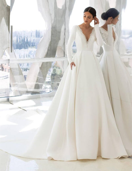 Custom Made Satin Wedding Dresses Simple Deep V-neck Long Sleeve Ruffled Bridal Gowns