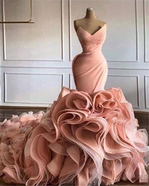 Robes de mariée sirène à volants sur mesure Robes de mariée en tulle rose plissé haut de gamme