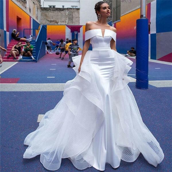 Vestido de novia de satén con hombros descubiertos a la moda vestido de novia sencillo con tren desmontable