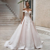 Elegant Beading A-line Off-shoulder Wedding Dress Backless Embroidered Satin Bridal Gown