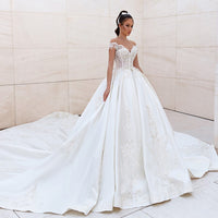 Custom Made Off Shoulder Backless Ball Gown Wedding Dress Beading Lace Satin Bridal Gown