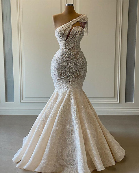 Luxury Pearls Beaded Wedding Dresses Scoop Neckline One Shoulder Mermaid Bridal Gowns