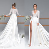 Sexy High Slit Satin Wedding Dresses Beading A Line Long Sleeve Deep V-neck Bridal Gowns